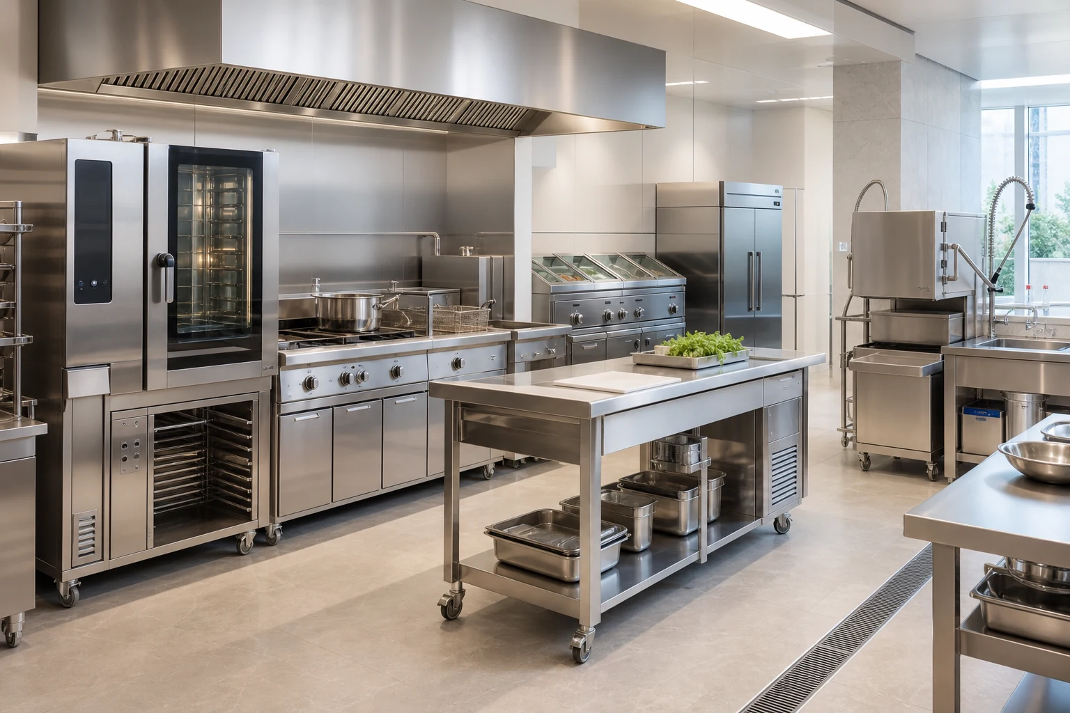 Integrated commercial kitchen equipment project with cooking, refrigeration, preparation and warewashing equipment